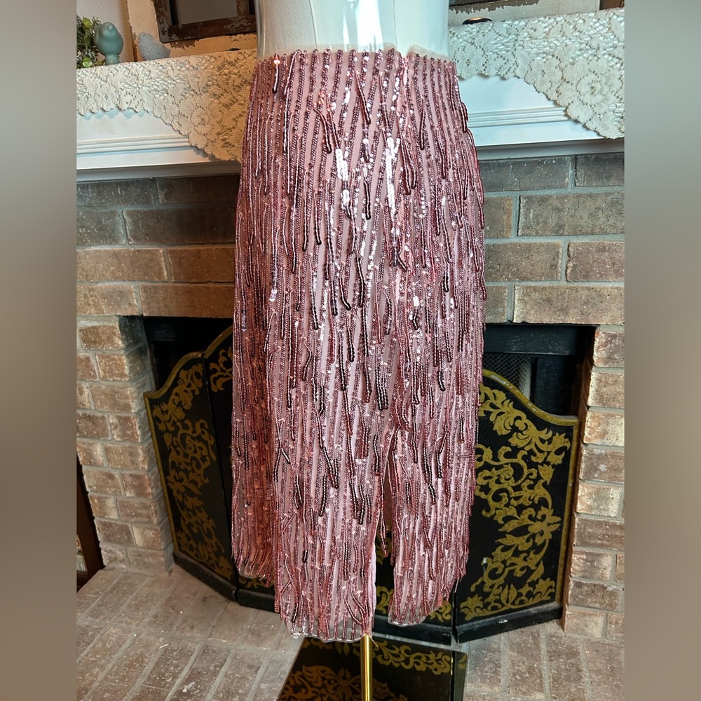 Anthropologie Maeve Pink Sequin Pencil Skirt Evening Formal Fringed Midi - Picture 9 of 14